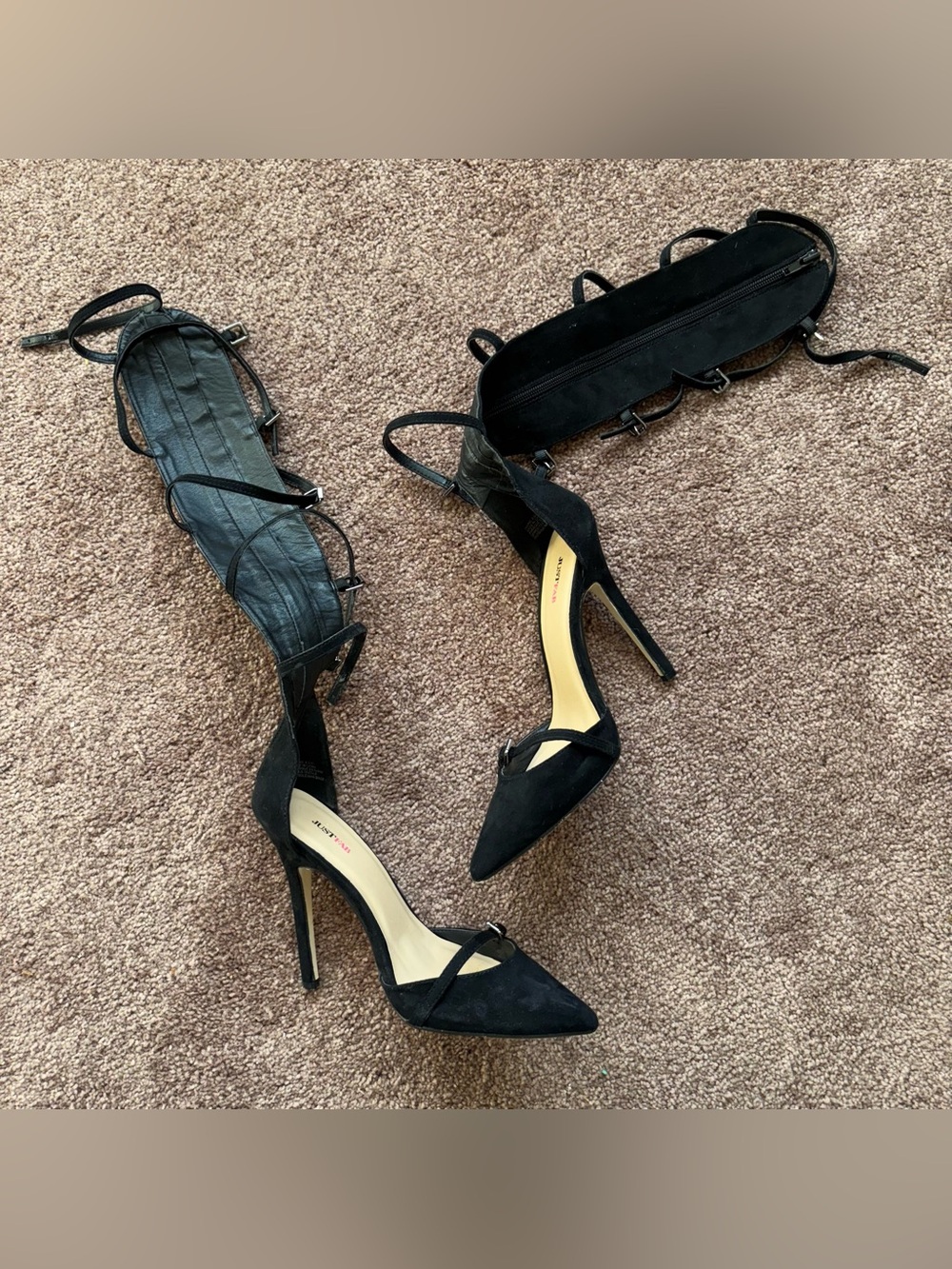 JustFab Black Suede Pointed-Toe Ankle Wrap Heels